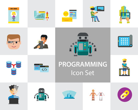Programming Icon Set. Robot Database Hyperlink Programmer Programming Prototype Interface Workflow Cloud Storage Coding Smart Glasses Man With Smartphone Creative Ideaのイラスト素材