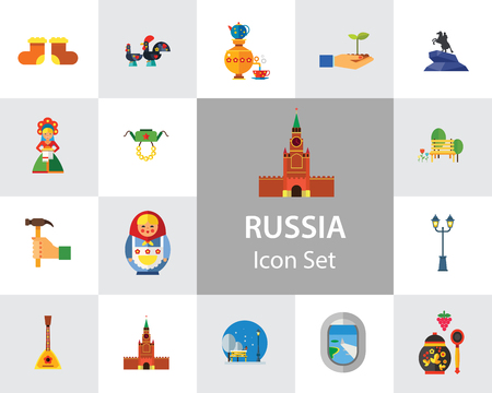 Russia Icon Set. Kremlin Saint Basil Cathedral Valenki Russian Rooster Samovar Matryoshka Bear With Balalaika Russian Welcome Vodka Balalaika Hand With Hummer Ushanka Khokhlomaのイラスト素材