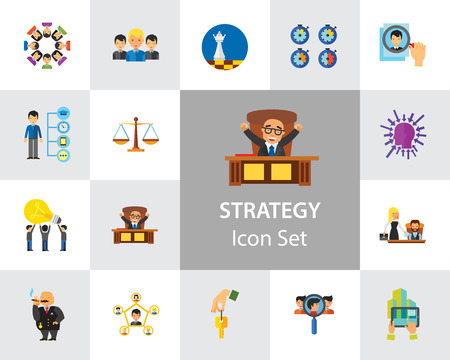 Strategy Icon Set. Team Structure Common Idea Director Executive Manager Rich Person Team Time Management Challenge Boss Scales Strategic Management Vision Team Leaderのイラスト素材