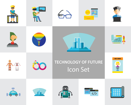 Technology Of Future Icon Set. Virtual Glasses Exoskeleton Flexible Display Pressing Button VR Gaming Smartwatch Augmented Reality Self-driving Car Virtual Reality On Coming Out Hologramのイラスト素材
