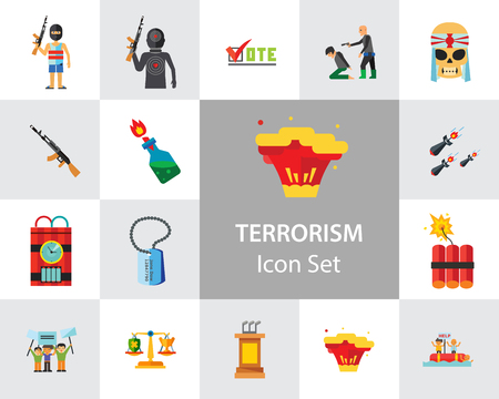 Terrorism Icon Set. Kamikaze Fire Cocktail Dynamite Army Tags Hostage Bomb With Timer Machine Gun Missiles Explosion Refugees Terrorist Shooting Target Warのイラスト素材