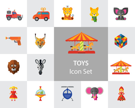 Toys icons set with Rubics cube, whirligig and elephant toy. Thirteen vector iconsのイラスト素材