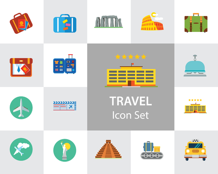 Travel icons set with airplane, flight ticket and suitcase. Thirteen vector iconsのイラスト素材