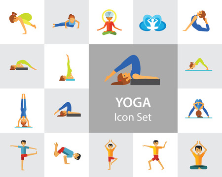 Yoga Icon Set. Meditation Rajakapotasana Sarvangasana Halasana Ustrasana Astavakasana Bakasana Handstand Virabhadrasana Svanasana Prasaritaのイラスト素材