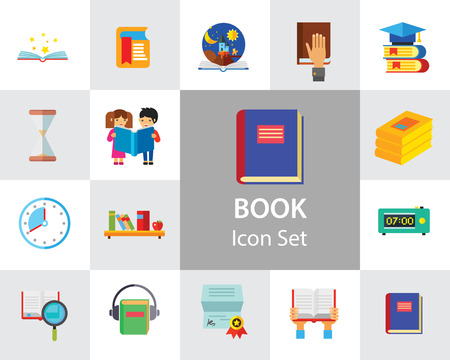 Book Icon Set. Book Stack Magnifier Notebook In Hands Glasses Shelf E-book Open Book Children Tales Bookmark Science Audiobookのイラスト素材