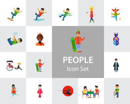 People icon set. Falling down the stairs, slipping, snowboarder, ninja. Extreme activity concept. Can be used for topics like caution, comics, freaksのイラスト素材