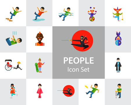 People icon set. Falling down the stairs, slipping, snowboarder, ninja. Extreme activity concept. Can be used for topics like caution, comics, freaksのイラスト素材