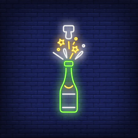 Champagne explosion neon sign. Christmas party or advertisement design. Night bright neon sign, colorful billboard, light banner. Vector illustration in neon style.のイラスト素材