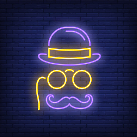 Gentleman hat, spectacles and moustache neon sign. Male shop or advertisement design. Night bright neon sign, colorful billboard, light banner. Vector illustration in neon style.のイラスト素材