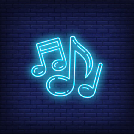 Music notes neon sign. Classical music, concert or advertisement design. Night bright neon sign, colorful billboard, light banner. Vector illustration in neon style.のイラスト素材