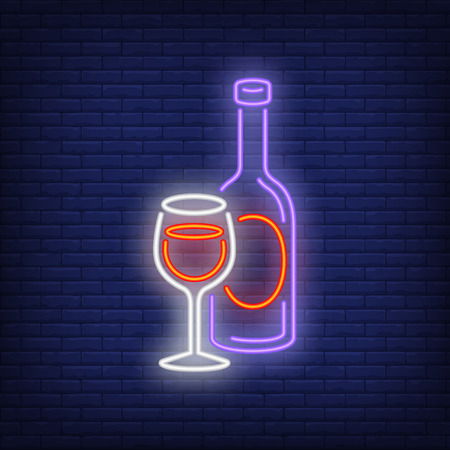 Bottle and glass with red wine neon sign. Bar or advertisement design. Night bright neon sign, colorful billboard, light banner. Vector illustration in neon style.のイラスト素材