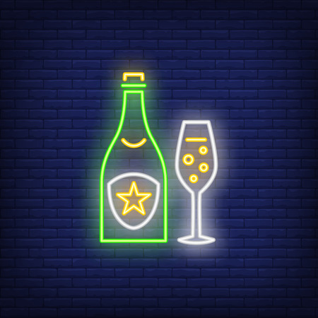 Champagne bottle and glass neon sign. Christmas party or advertisement design. Night bright neon sign, colorful billboard, light banner. Vector illustration in neon style.のイラスト素材