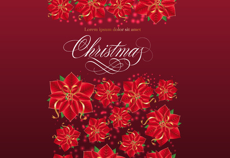 Christmas lettering with poinsettia flowers pattern. Christmas greeting card. Handwritten text, calligraphy. For leaflets, brochures, invitations, posters or banners.のイラスト素材