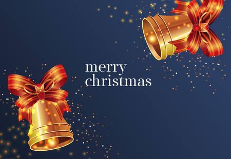 Merry Christmas lettering with gold bells. Christmas greeting card. Typed text, calligraphy. For leaflets, brochures, invitations, posters or banners.のイラスト素材