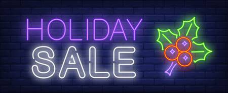 Holiday sale neon text with mistletoe leaves and berries. Christmas shopping advertisement design. Night bright neon sign, colorful billboard, light banner. Vector illustration in neon style.のイラスト素材