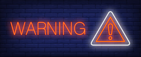Warning neon text and triangle sign with exclamation mark. Caution design. Night bright neon sign, colorful billboard, light banner. Vector illustration in neon style.のイラスト素材
