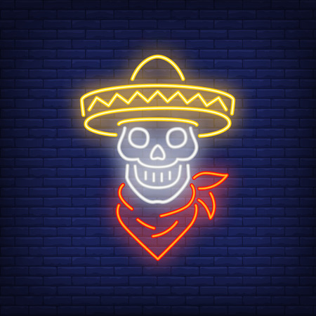 Skull in sombrero with neck scarf neon sign. Mexican culture design