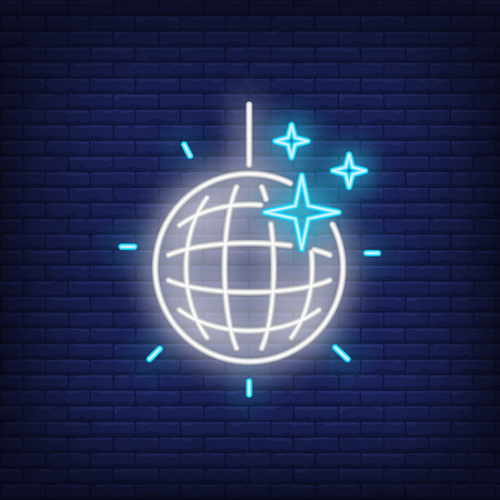 Disco ball with stars neon sign. Party or night club advertisement design. Night bright neon sign, colorful billboard, light banner. Vector illustration in neon style.のイラスト素材