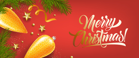 Merry Christmas bright leaflet design with golden icicles. Golden calligraphy with icicles, green fir needles, stars and confetti on red background. Can be used for posters, postcards, greetingsのイラスト素材