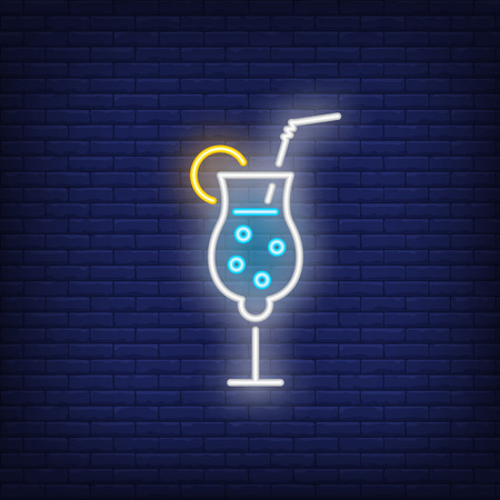 Cocktail glass with straw and lime neon sign. Bar and party advertisement design. Night bright neon sign, colorful billboard, light banner. Vector illustration in neon style.のイラスト素材