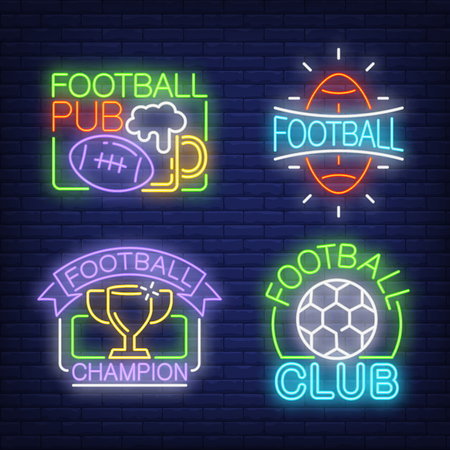 Football neon sign set. Rugby and soccer balls, glass of beer, champion cup on brick wall background. Vector illustration in neon style for topics like pubs, sport bars, fan communityのイラスト素材