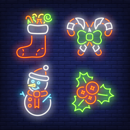 Christmas neon sign set. Christmas stocking, candy cane, snowman, mistletoe on brick wall background. Vector illustration in neon style for topics like Xmas party, holiday, celebratingのイラスト素材