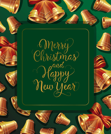 Merry Christmas lettering in frame and bells with ribbon bows. Christmas greeting card. Handwritten text, calligraphy. For leaflets, brochures, invitations, posters or banners.のイラスト素材