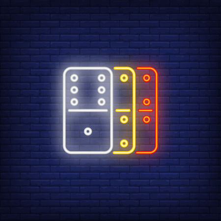 Three bright dominoes tiles neon sign. Board game and recreation design element. Night bright neon sign, colorful billboard, light banner. Vector illustration in neon style.のイラスト素材
