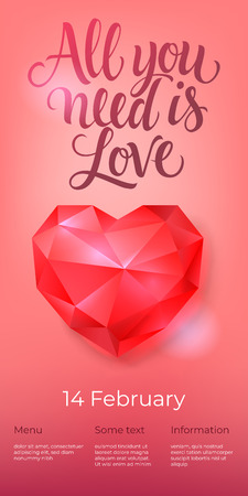 All you need is love lettering with ruby heart. Saint Valentines Day poster. Handwritten text, calligraphy. For leaflets, brochures, invitations, posters or banners.のイラスト素材
