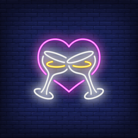 Heart and clinking wineglasses neon sign. Saint Valentine Day or wedding design element. Night bright neon sign, colorful billboard, light banner. Vector illustration in neon style.のイラスト素材