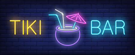 Tiki bar neon text with tropical cocktail. Summer and vacation design. Night bright neon sign, colorful billboard, light banner. Vector illustration in neon style.のイラスト素材