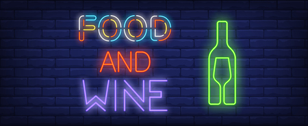 Food and wine neon text with bottle and glass silhouettes. Restaurant, cafe or bar advertisement design. Night bright neon sign, colorful billboard, light banner. Vector illustration in neon style.のイラスト素材