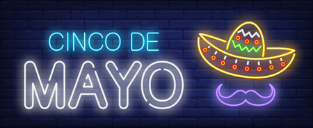 Cinco de mayo neon text with sombrero and moustache. Mexican culture and holiday design. Night bright neon sign, colorful billboard, light banner. Vector illustration in neon style.のイラスト素材