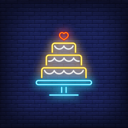 Wedding cake neon sign. Glowing neon big cake on brick wall background. Vector illustration can be used for wedding, marriage, engagementのイラスト素材