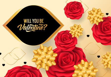Will you be my Valentine lettering with red roses and yellow decorative bows on gradient background. Valentine Day holiday. Lettering can be used for invitations, greeting cards, leafletsのイラスト素材