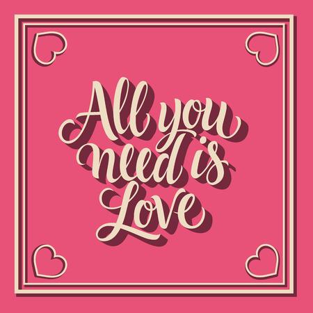 All you need is love lettering in frame with hearts. Saint Valentines Day greeting card. Handwritten text, calligraphy. For leaflets, brochures, invitations, posters or banners.のイラスト素材