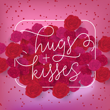 Hugs plus kisses lettering in frame. Inscription with roses on pink background with hearts. Valentine Day holiday. Lettering can be used for invitations, greeting cards, leafletsのイラスト素材