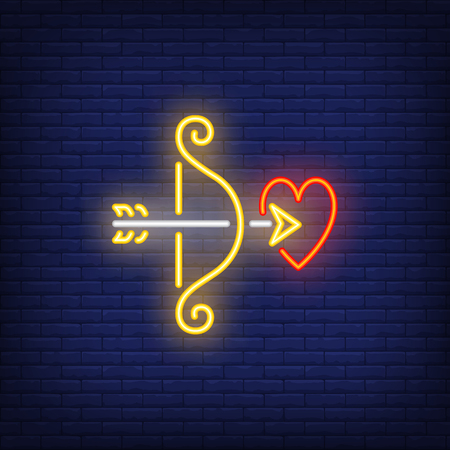 Love bow neon sign. Glowing yellow cupid bow with arrow aiming in heart on brick wall background. Vector illustration can be used for love, romantic, Saint Valentines dayのイラスト素材