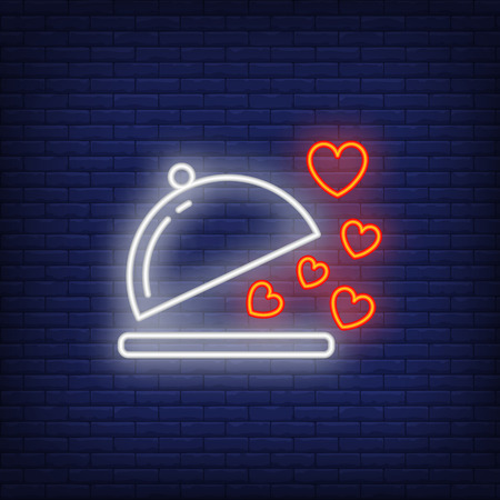 Love dish neon sign. Dish for romantic dinner on brick wall background. Vector illustration can be used for romantic, love, dinner, datingのイラスト素材
