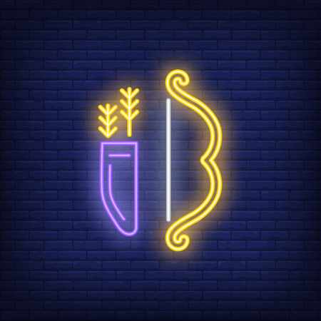 Arrow and bow neon sign. Glowing neon bow and arrows on brick wall background. Vector illustration can be used for hunting, tales, entertainmentのイラスト素材