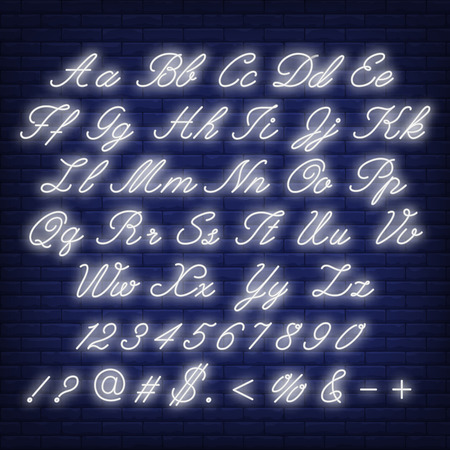 English alphabet neon sign. Calligraphic letters, numbers and symbols on brick wall background. Vector illustration in neon style for text, lettering, banners and postersのイラスト素材