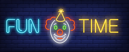Fun time neon text and funny clown face. Circus performance advertisement design. Night bright neon sign, colorful billboard, light banner. Vector illustration in neon style.のイラスト素材