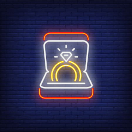 Engagement neon sign. Ring with diamond in open box on brick wall background. Vector illustration in neon style for topics like jewelry, present, giftのイラスト素材