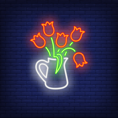 Tulips neon sign. Bunch of flowers in jar on brick wall background. Vector illustration in neon style for topics like love, spring, women dayのイラスト素材
