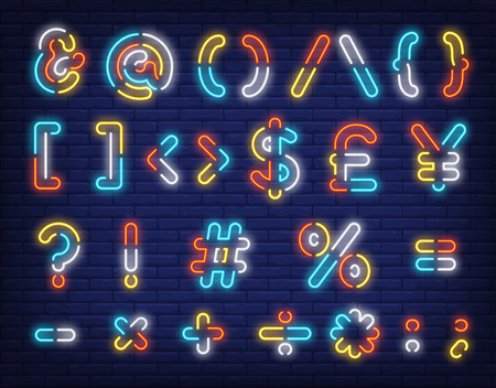 Multicolored text symbols neon sign. Glowing numbers and symbols on brick wall background. Vector illustration can be used for computer, telephone, messages, mobileのイラスト素材