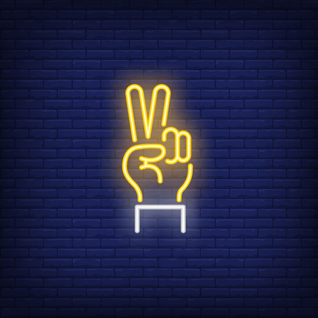 Peace neon sign. Glowing hand with two fingers in piece gesture on brick wall background. Vector illustration can be used for gesturing, communication, chattingのイラスト素材