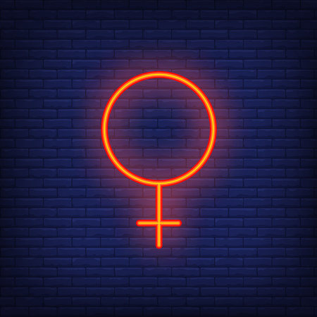 Venus symbol neon sign. Glowing red Venus symbol on brick wall background. Vector illustration can be used for sociality, love, relationshipsのイラスト素材