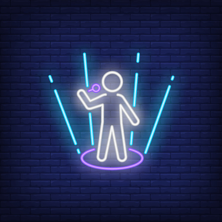 Singer neon sign. Glowing person with microphone on scene on brick wall background. Vector illustration can be used for music, song contest, TV showのイラスト素材