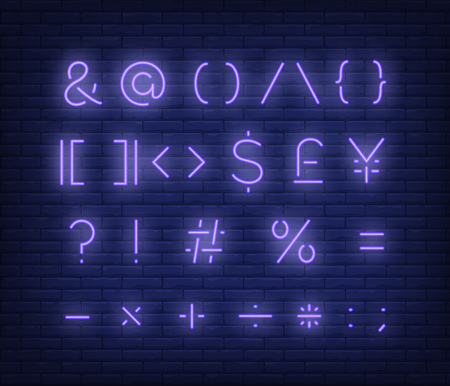 Violet text symbols neon sign. Glowing numbers and symbols on brick wall background. Vector illustration can be used for computer, telephone, messages, mobileのイラスト素材