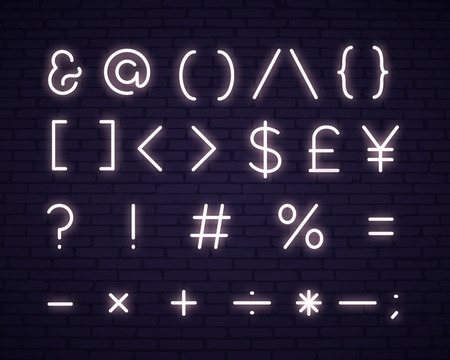 White text symbols neon sign. Glowing symbols on brick wall background. Vector illustration can be used for computer, telephone, messages, mobileのイラスト素材
